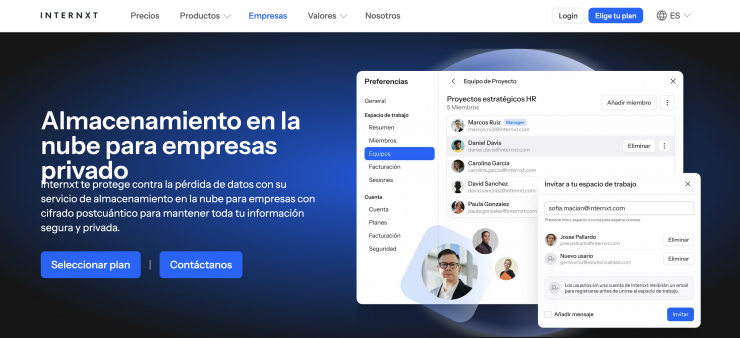 Imatge de la pàgina web d'Internxt, en què figuren els serveis que presta.